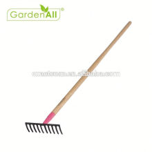 Râteau de poussée d&#39;application de feuille de jardin en métal rose avec la poignée en bois